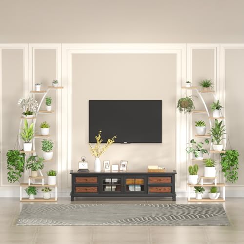 Plant Stand Indoor with 8 Grow Light,65" Tall 10 Tier White Half Moon Shelf - color: Light Brown Board White Metal 10 Tier 2 Pack