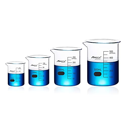 Sturdy Glass Beakers, 4 Sizes of 50ml 100ml 250m 500ml,3.3 Borosilicate Griffin Low Form with Printed Graduation, BKLS03-004 - style: Vol.50ml 100ml 250ml 500ml