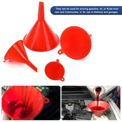 4 PCS Oil Funnels, 4 Sizes Wide Mouth Plastic Gas Funnel with Long Reaching Spout, Automotive Filling Funnels Liquid Transfer Set for Engine Oil Gasoline Coolant, Car Accessories
