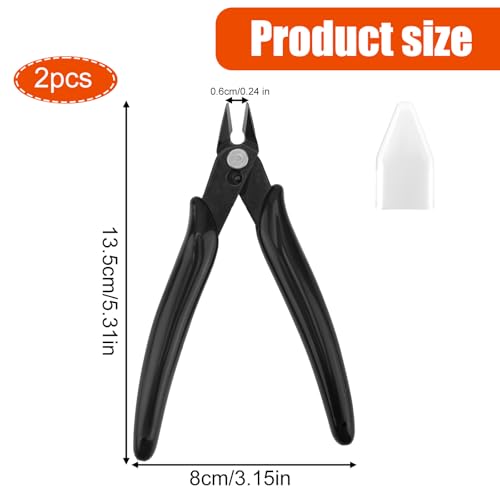 2pcs Micro Mini Small Wire Cutters, Anti-Slip Rubber Black Flush Sprue Cutter Needle Nose Cutting Pliers with 2 Plastic White Covers Portable Hand Tools for Floral Electronics Jewelry Model Making