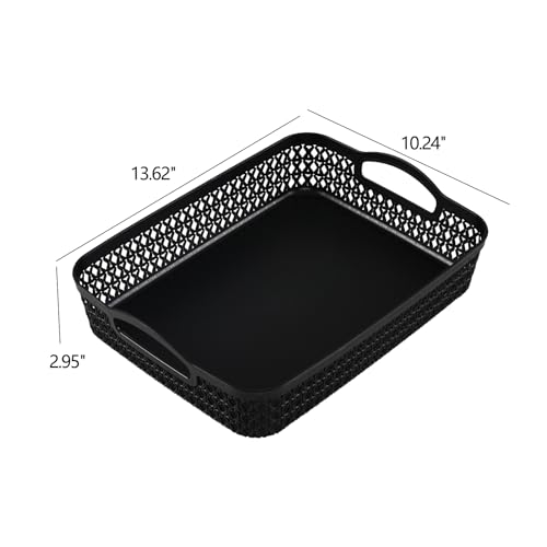 Set of 6 Large Plastic Storage Basket Tray, Black Shallow Paper Basket with Handle - size: Large