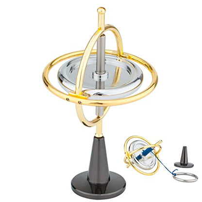 DjuiinoStar Heavy Duty Gyroscope (CNC Machined Solid Steel Rotor): Stable&Robust (Pass 2nd Floor Drop Test); Long Spin Time (More Tricks); Premium Fidget Toy, Magic Anti-Gravity Gear DG-5PROLite-03 - color: Silver + Gold