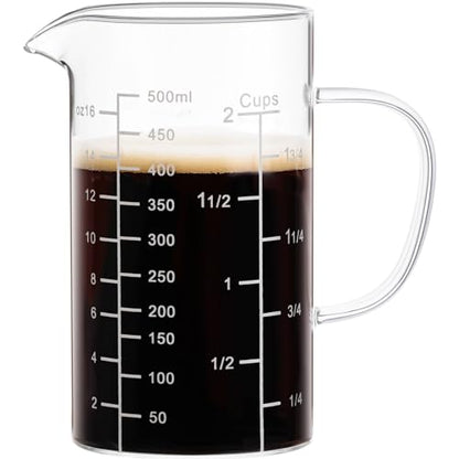 PARACITY 2 Cup Glass Measuring Cup, Liquid Measuring Cups with three Scale and V-Shaped Mouth, Glass Coffee Cups with Handle, Glass Beaker for Kitchen or Restaurant 500 ML - size: 500ml