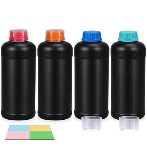 4 Pack 32oz Lightproof Black Plastic Bottles with Graduated Lids, Leak Proof Empty Liquid Containers, Travel Pill Bottles, Film Developing Kit & Sample Storage Bottles - size: 32 Ounces