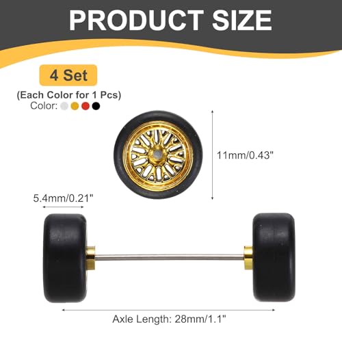 MECCANIXITY 4 Set 1/64 Wheels and Tires Set, Real Riders Rims Includes Axles for RC Diecast Car DIY Model, Branch Gold Silver Black White Rims 11 x 5.4mm