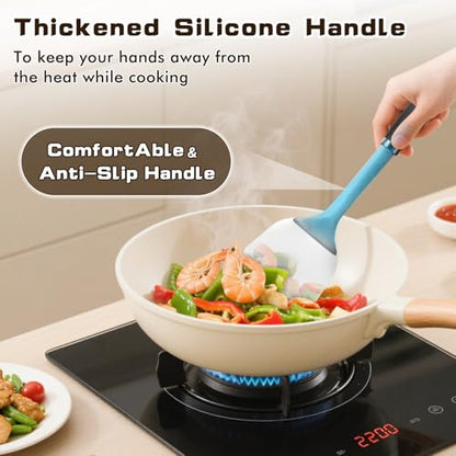 4 Pcs Cooking Utensils Set, Stainless Steel Kitchen Utensils, Heat Resistant Metal Kitchen Tools Include Solid & Slotted Turner Wok Spatula, Serving Spoon, Ergonomic Handle, Easy to Clean, Silver - color: C. 4 Pieces