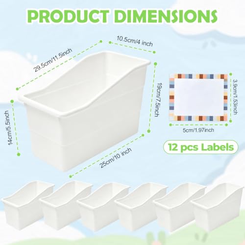 12 Pack Book Bins for Classroom Stackable Plastic Storage with Labels - color: White