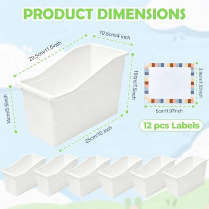 12 Pack Book Bins for Classroom Stackable Plastic Storage with Labels - color: White