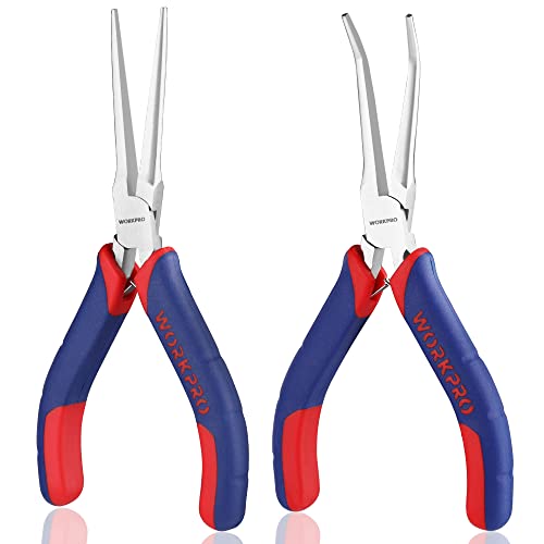WORKPRO 2-Piece 6" Mini Needle Nose Pliers Set(Smooth Jaw), Long Nose Pliers, Bent Nose Pliers with Comfort Grip Handles, Jewelry Plier For Wire Wrapping, Handmade Craft, Jewelry Making, 6" 2PCS - size: 6" 2PCS