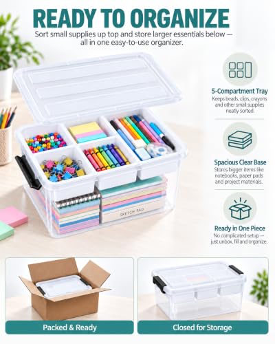 17 QT Clear craft storage box with Tray, storage bins for Art Supplies - color: Black