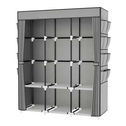 Portable Closet with Cover, 3 Hanging Rods and Side Pocket, Sturdy Free Standing Closet, Grey - color: Grey, size: 3 Row - 49.2'' Wide