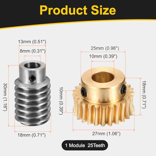 uxcell Worm Gear Set Right Rotation 25T 1 Module 25:1 Reduction Rate - size: Gear-10mm, Worm-8mm Bore, style: 1M-25T