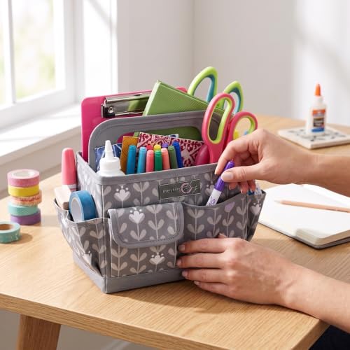 Everything Mary Desktop Tote Organizer – Purple & Grey Floral Craft Caddy – Storage Bag for Art Supplies, Sewing, Scrapbooking & DIY Tools – Portable Craft Organization - color: Purple Floral