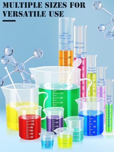 Artcome Plastic Graduated Cylinders and Beakers with 5 Pipettes, 10/25/50/100/250ml Cylinders, 10/25/50/100/150/250/500/1000ml Beakers, 5 Stirring Rods – Ideal for Science Lab, DIY, Halloween Decor