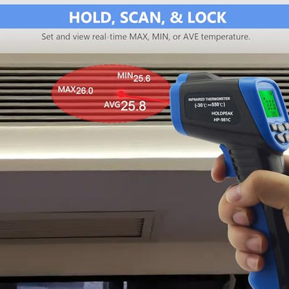 HOLDPEAK 981C Non-Contact Infrared Thermometer Digital Laser Infrared Thermometer -58 to 1022℉ (-50 to 550℃) with Adjustable Emissivity + 866B Digital Anemometer Handheld Wind Speed Meter (2Packs)