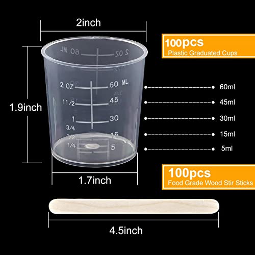Coopay 100 Pack 60ml/2oz Plastic Graduated Cups Transparent Scale Cups Clear Epoxy Mixing Cylinder with 100 Pack Wooden Stirring Sticks for Resin, Epoxy, Stain, Mixing Paint - size: 60ml