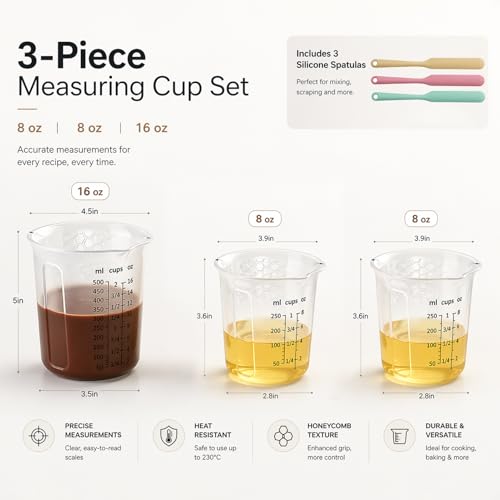 Palksky Silicone Measuring Cups Set 1-Cup & 1-Cup & 2-Cup with 3PCS Jar Spatula, Microwave Safe, Honeycomb Heat-Control Grip, Easy-Read Liquid Measuring for Baking, Cooking & Chocolate Melting - size: 500ml*1+250ml*2+Jar Spatulas*3