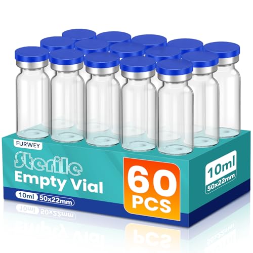 FURWEY 10ML Sterile Vials, Glass Empty Vials for Injection, 60 Pack - size: 10ML-60P
