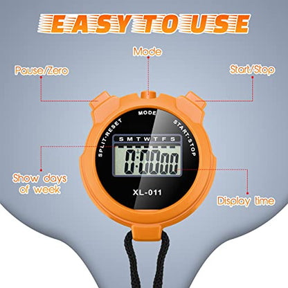 TOODOO 12 Pack Multi Function Digital Stopwatch Timer Bulk Sports Stopwatch with Lanyard Plastic Display Waterproof Date Time Alarm Timer for Coaches Fitness Referees - color: Black Blue Red Orange