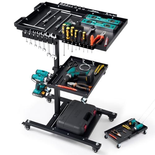 OLBRUS 3-Tier Rolling Work Table, Adjustable Height Tool Cart with Wheels