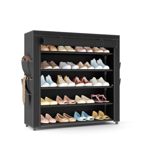 LANTEFUL Shoe Rack with Covers 5 Tier Tall Shoe Rack Organizer Large Capacity Shoe Shelf Storage 20-24 Pairs Space Saving Free Standing Shoe Storage Organizer for Closet, Entryway, Dorm, Black - color: Black, size: 6 Tier - 33.8"W