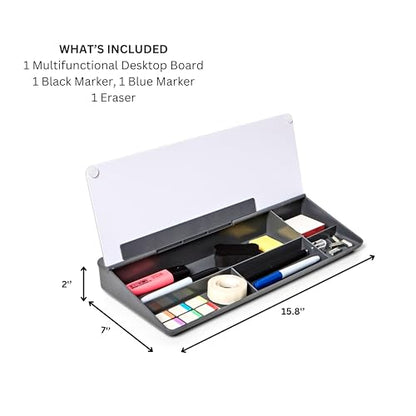 GAROOD Desktop Dry Erase Board with Storage (Grey Base) Desk Desk Board Glass Desktop White Board with Stand Home Office Organizer Phone Holder 15.8X7X2 inches - color: Grey Base + Whiteboard