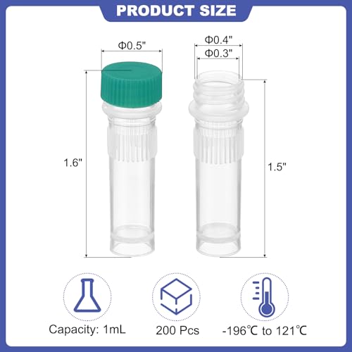 PATIKIL 1ml Plastic Cryogenic, 200Pcs Self Standing Cryogenic Vial Screw Top Frozen Test Tube for Lab Laboratory Science, Green Cap - color: Green, size: 1ml