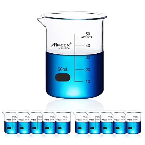 1.7oz(50ml) Sturdy Glass Beaker, 3.3 Borosilicate Griffin Low Form with Printed Graduation, Pack of 10, BKL050-010 - style: Vol.50ml, Pack of 10