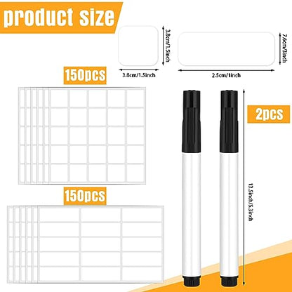 Cholemy 300 Pcs Dry Erase Labels 1"x3" & 1.5" with 2 Markers, Waterproof