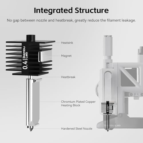 Original Bamboo Lab A1/A1 Mini 0.4mm Hotend,High Temp&Fast Speed Hardened Steel Nozzle+Heating Block Integrated Structure Hot End Compatible with Bambu Lab A1 and A1 Mini 3D Printers - color: 0.4mm Hardened Steel Hotend
