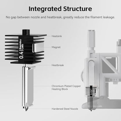 Original Bamboo Lab A1/A1 Mini 0.4mm Hotend,High Temp&Fast Speed Hardened Steel Nozzle+Heating Block Integrated Structure Hot End Compatible with Bambu Lab A1 and A1 Mini 3D Printers - color: 0.4mm Hardened Steel Hotend