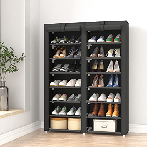 JIUYOTREE 7-Tier Shoe Storage Organizer with Dustproof Cover - Closet Cabinet Shelf Holds up to 28 Pairs - For Doorway, Corridor, Balcony, Living Room - Black - color: Black