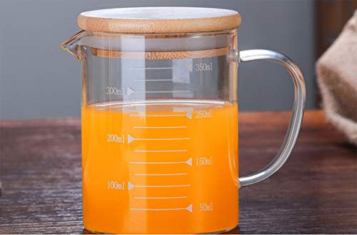 Graduated Beaker Mug with Handle and Durable Bamboo Lid Borosilicate Glass Multi-Function Food Grade Measuring Cup 350ML