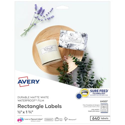 Avery Rectangle Durable Waterproof Labels, 0.5" x 1.75", Matte White, Sure Feed Technology, Laser/Pigment-Inkjet Compatible, 640 Printable Labels Total (64507) - style: 640 labels