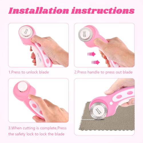 45mm Rotary Cutter with 10 Extra Replacement Blades, with Safety Lock - color: Pink