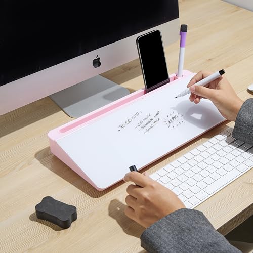 GAROOD Desktop Dry Erase Board with Storage (Pink Base) Desk White Board Desk Board Glass Desktop White Board with Stand Home Office Organizer Phone Holder 15.8X7X2 inches - color: Pink Base + Whiteboard