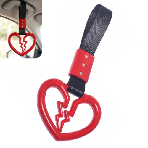 2 PCS Car Handle Ring, Broken‑Heart Drift Car Handle Strap, Rear Bumper Warning Hanging Charm, Durable Nylon‑ABS Decor Pull Ring, Universal for Cars SUVs Bus Subway (Red) - color: Red