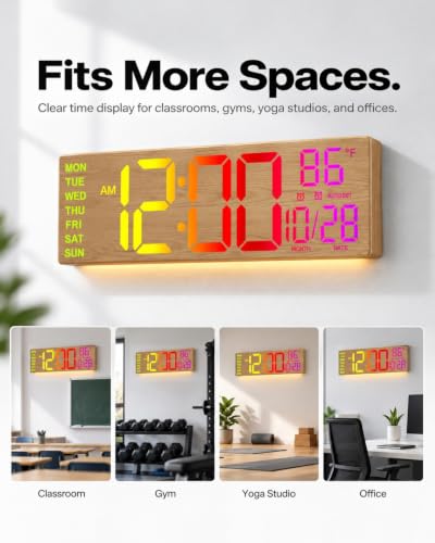 HAITANG 16.2" Wood Digital Wall Clock, 8 Colors, Remote & Night Light - color: Wood