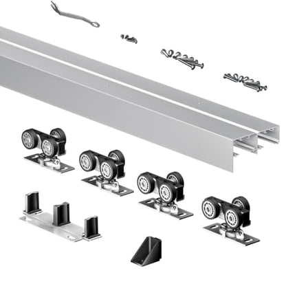 Heavy Duty Bypass Sliding Closet Door Track Hardware 96", 8 FT Aluminium Pocket Track Rail Set, Smoothly and Quietly, for 2 Door System,Silver - size: XC40 96"