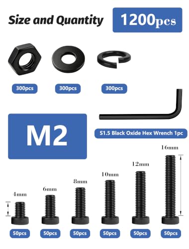 1200PCS M2 Screws Kit, 12.9 Grade Alloy Steel Socket Head Cap Screws with Hex Nuts, Flat & Spring Lock Washers, Metric Bolt Set S1.5 Hex Key Included, Black Oxide, 3D Printing Electronics Repair - size: M2 1200pcs