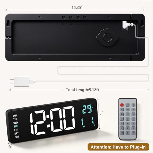 16" Large Digital Wall Clock with LED Display &Remote Control for Classroom - color: Blue