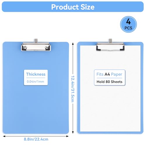 8.8x12.4in Clipboards Fit A4 8.5x11 Letter Size, 4 PCS Waterproof Plastic Board with Sturdy Pen Holder Loop Low Profile Clip, Lightweight & Convenient Writing Supply for Office Cafeteria School - color: Blue, size: 8.8x12.4in - A4