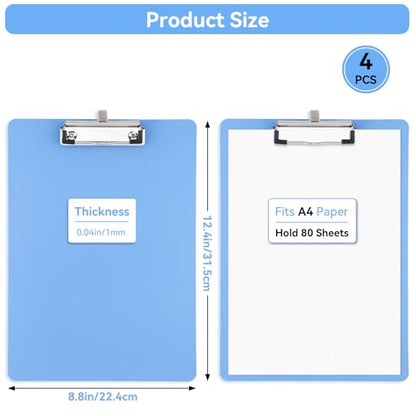 8.8x12.4in Clipboards Fit A4 8.5x11 Letter Size, 4 PCS Waterproof Plastic Board with Sturdy Pen Holder Loop Low Profile Clip, Lightweight & Convenient Writing Supply for Office Cafeteria School - color: Blue, size: 8.8x12.4in - A4