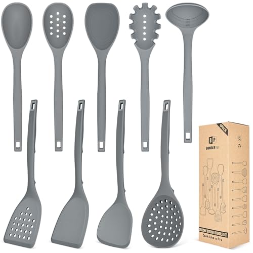 BUNDLEPRO Silicone Cooking Utensils Set, 9 Pcs Kitchen Utensils, One-Piece - color: Gray