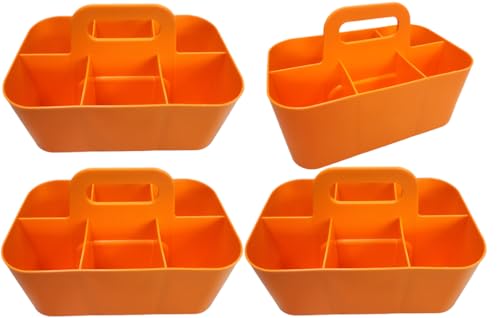 Small Stackable Plastic Caddy with Handle 6 Compartment | Desk, Makeup, Dorm Caddy, Classroom Art Organizers - 4 Pack, Made In USA (Orange) - color: Orange