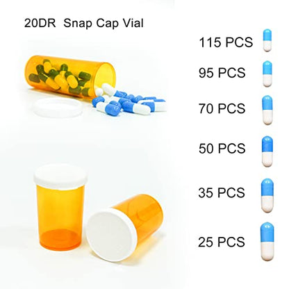 Amber Medicine Containers Snap Cap Prescription Vials Bottles Easy Open Pill Organizers Empty with Plastic Caps (20 dram, 12pcs) - size: 20 dram