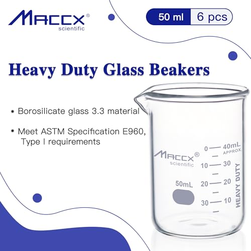 1.7oz(50ml) Sturdy Glass Beaker, Heavy-Duty Lab Beaker, 3.3 Borosilicate Griffin Low Form with Printed Graduation, Pack of 6, BKL050-006 - style: Vol.50ml, Pack of 6