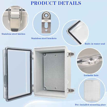 Waterproof Electrical Box, IP67 Junction Box Stainless Steel Latch Hinged Clear Cover Project Enclosure with Wall Bracket 8.7"x6.7"x4.3" - color: Clear, size: 8.7" x 6.7" x 4.3"