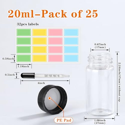 20ml 25pcs Small Clear Glass Vials with Screw Cap (with Droppers & Lables) - size: 20ml 25pcs