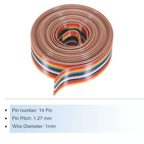 MECCANIXITY 1 Pcs 14 Pin Flat Rainbow Ribbon Cable 6.6 Ft 1.27mm Pitch Breadboard Jumper Wires for Electronic Projects - size: 6.6 Ft, style: 14P